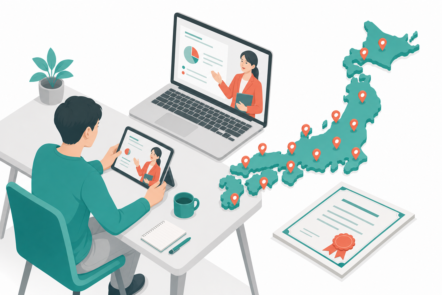 オンラインで研修を受けている様子のイラスト